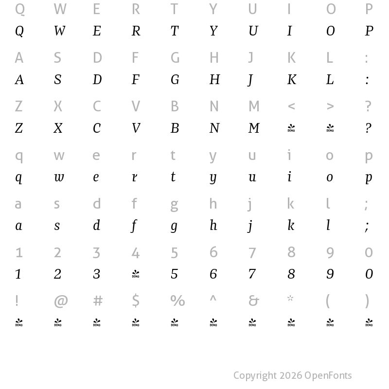 Character Map of FONTSPRING DEMO - Preto Serif OT Std Regular Italic