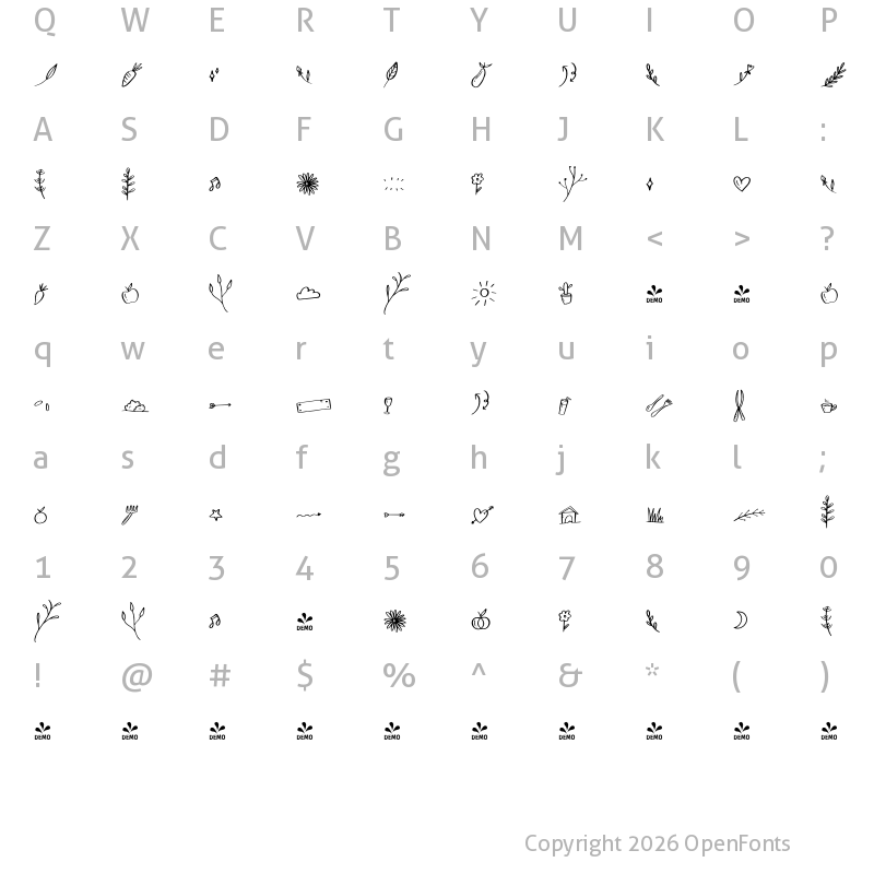 Character Map of FONTSPRING DEMO - Pretty Garden Doodle Regular