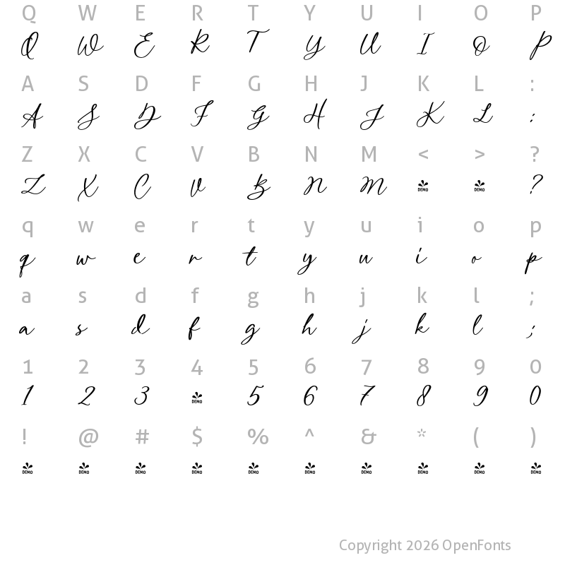 Character Map of FONTSPRING DEMO - Pretty Garden Script Regular