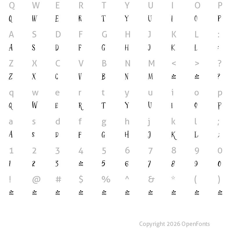 Character Map of FONTSPRING DEMO - Pretty Garden Serif Regular