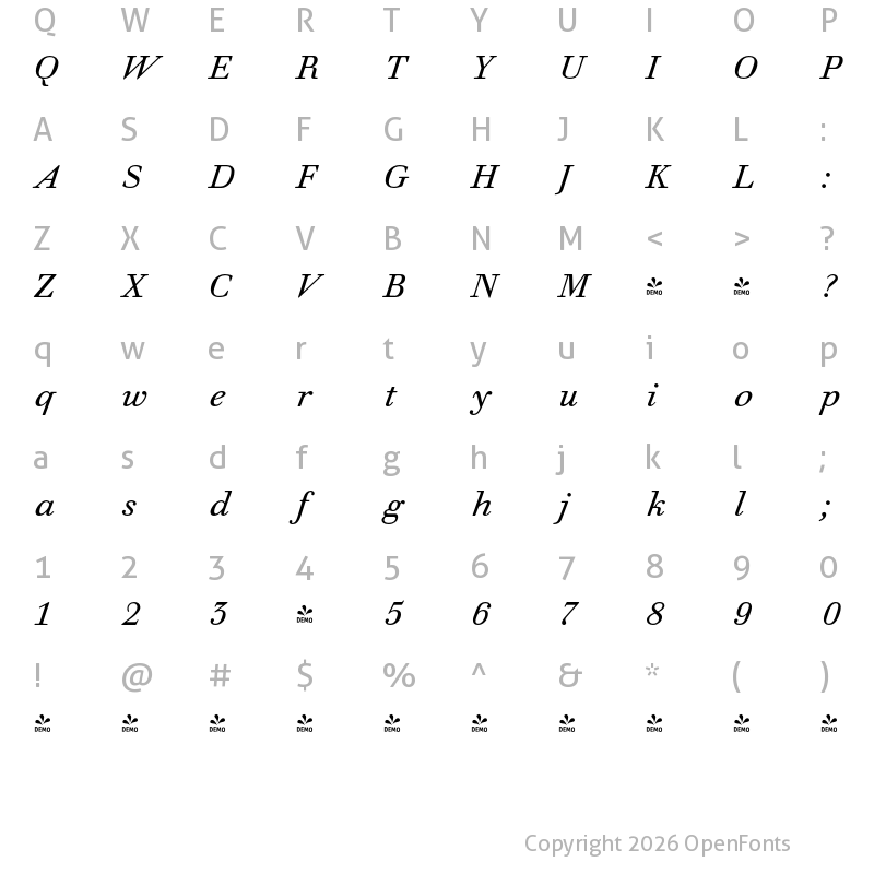 Character Map of FONTSPRING DEMO - Prillwitz Book PRO Italic