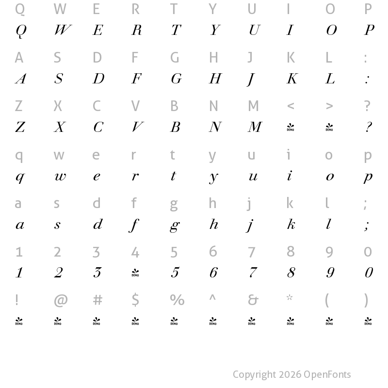 Character Map of FONTSPRING DEMO - Prillwitz Display PRO Italic