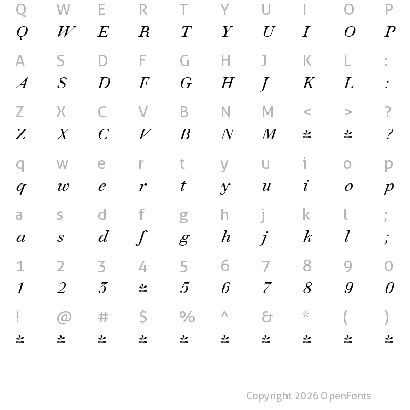 Character Map of FONTSPRING DEMO - Prillwitz Normal PRO Italic