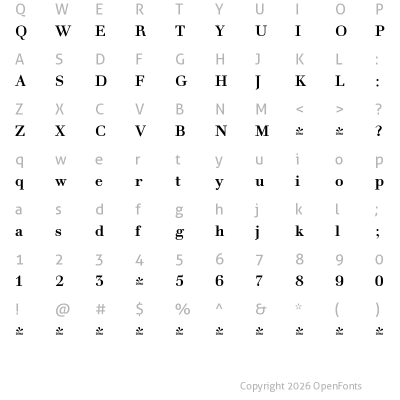 Character Map of FONTSPRING DEMO - Prillwitz Press PRO Bold