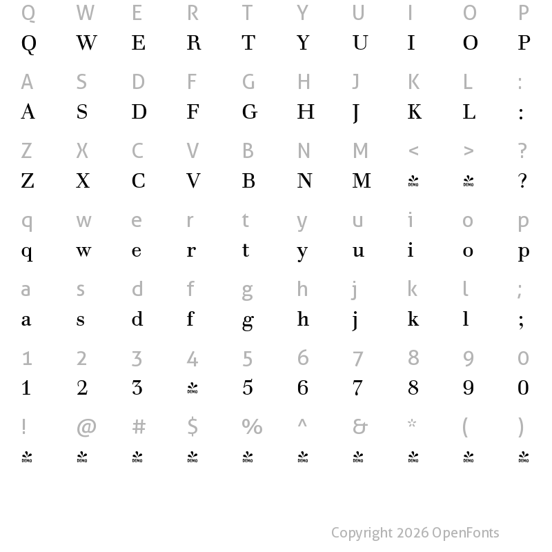 Character Map of FONTSPRING DEMO - Prillwitz Press PRO Regular