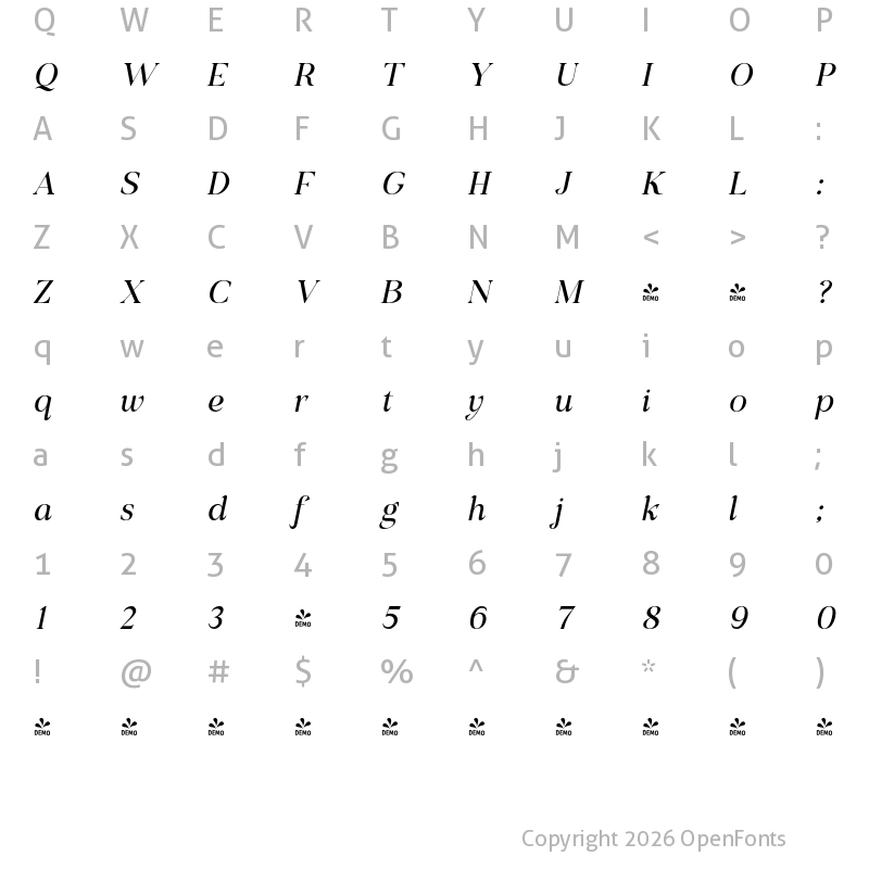 Character Map of FONTSPRING DEMO - Primous Italic