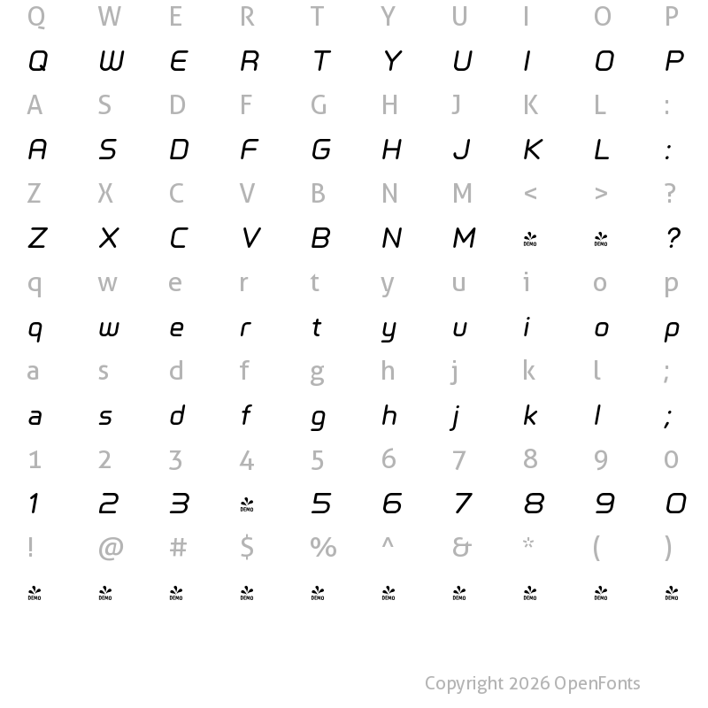 Character Map of FONTSPRING DEMO - Primus SemiBold Italic