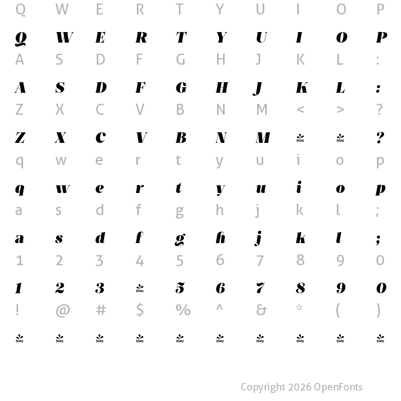 Character Map of FONTSPRING DEMO - Princesa Alt Heavy Italic Regular