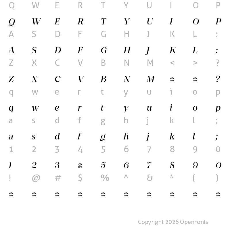 Character Map of FONTSPRING DEMO - Princesa Alt Medium Italic Regular