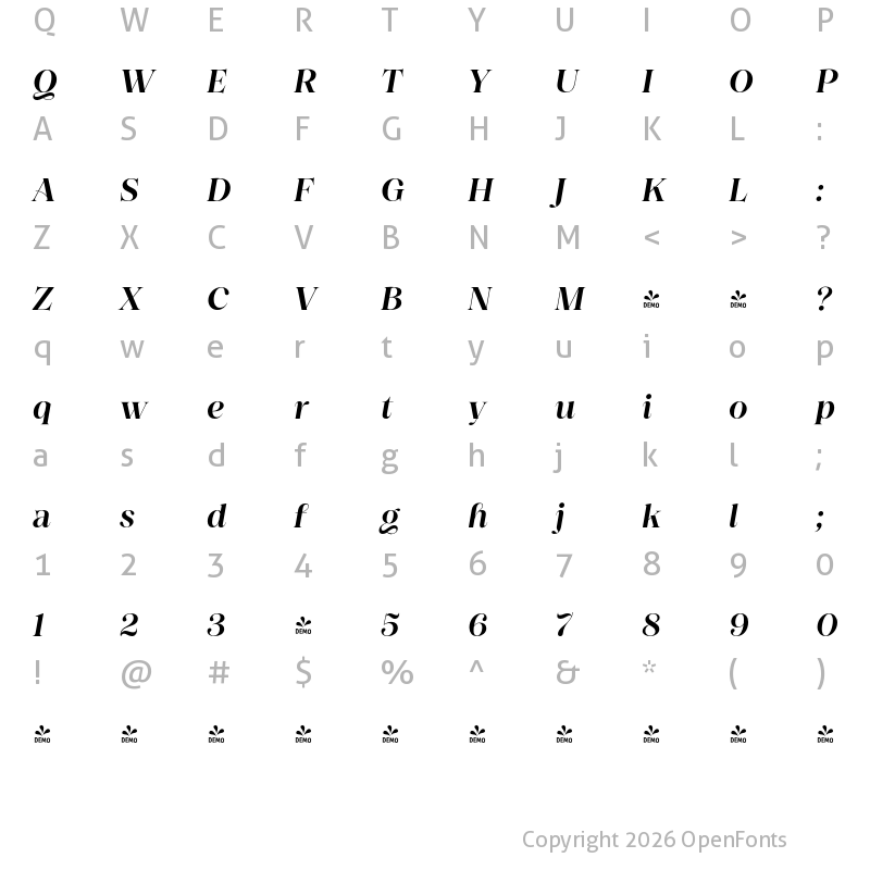 Character Map of FONTSPRING DEMO - Princesa Alt SemiBold Italic Regular