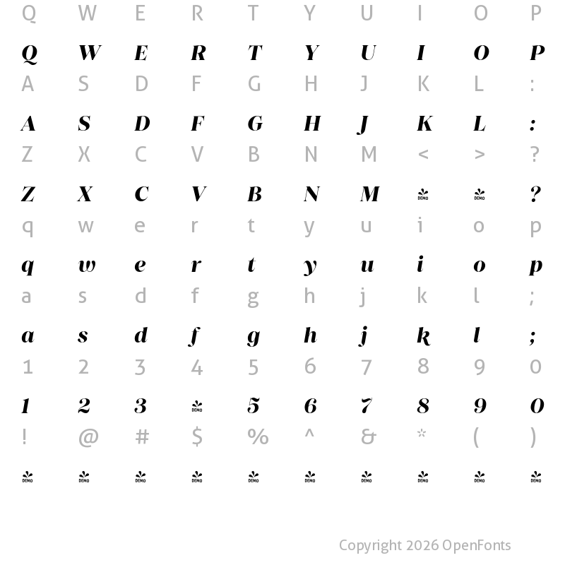 Character Map of FONTSPRING DEMO - Princesa Bold Italic Regular