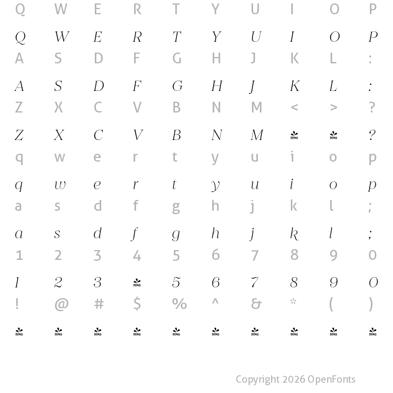 Character Map of FONTSPRING DEMO - Princesa ExtraLight Italic Regular