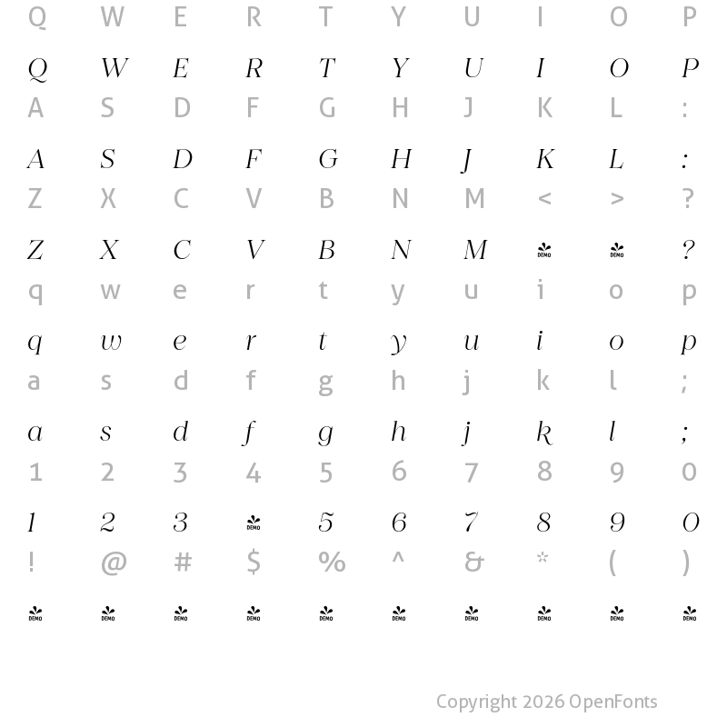 Character Map of FONTSPRING DEMO - Princesa Light Italic Regular