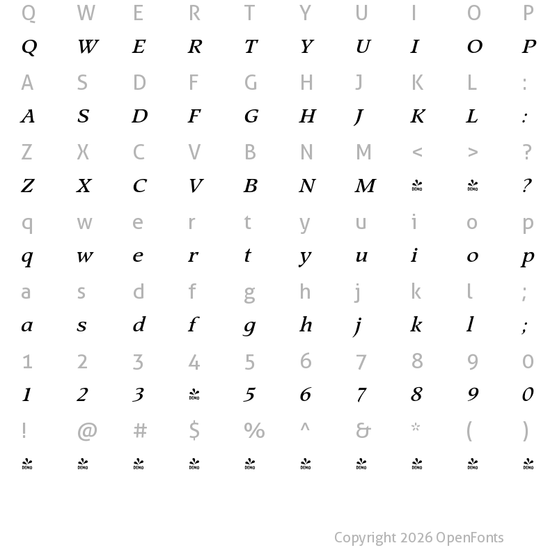 Character Map of FONTSPRING DEMO - Prospect Bold Italic