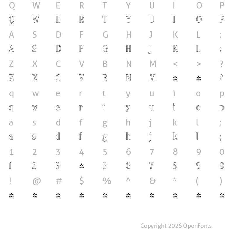 Character Map of FONTSPRING DEMO - Provincial Outline Regular