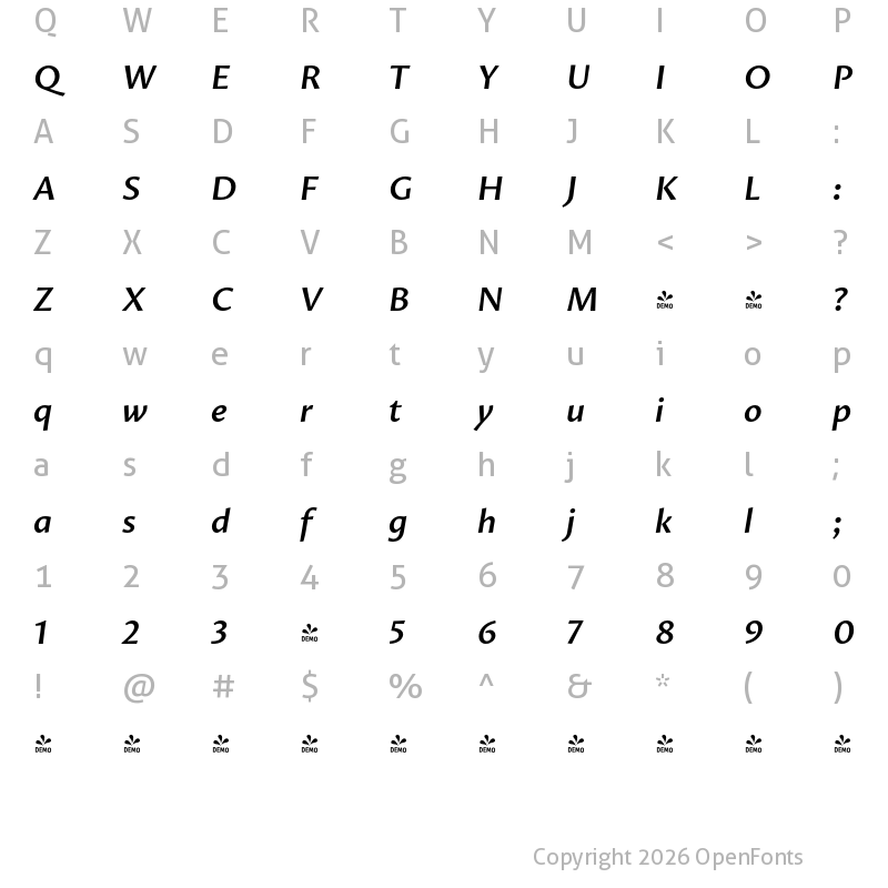 Character Map of FONTSPRING DEMO - Proza SemiBold Italic Regular