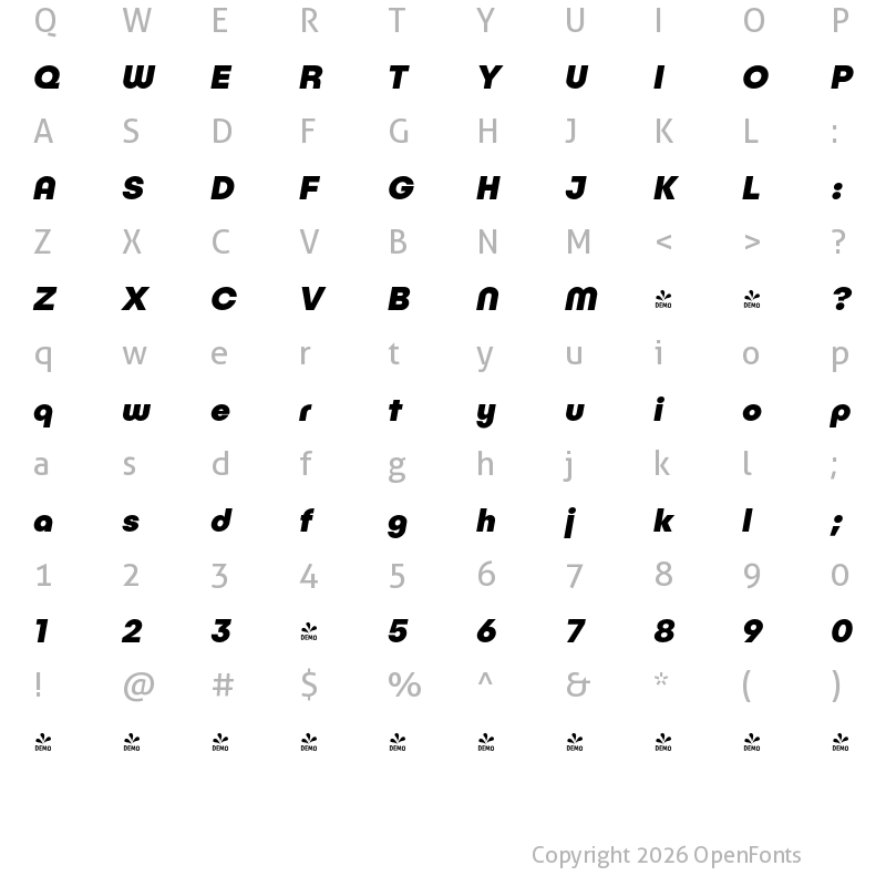 Character Map of FONTSPRING DEMO - Publica Play ExtraBold Italic Regular