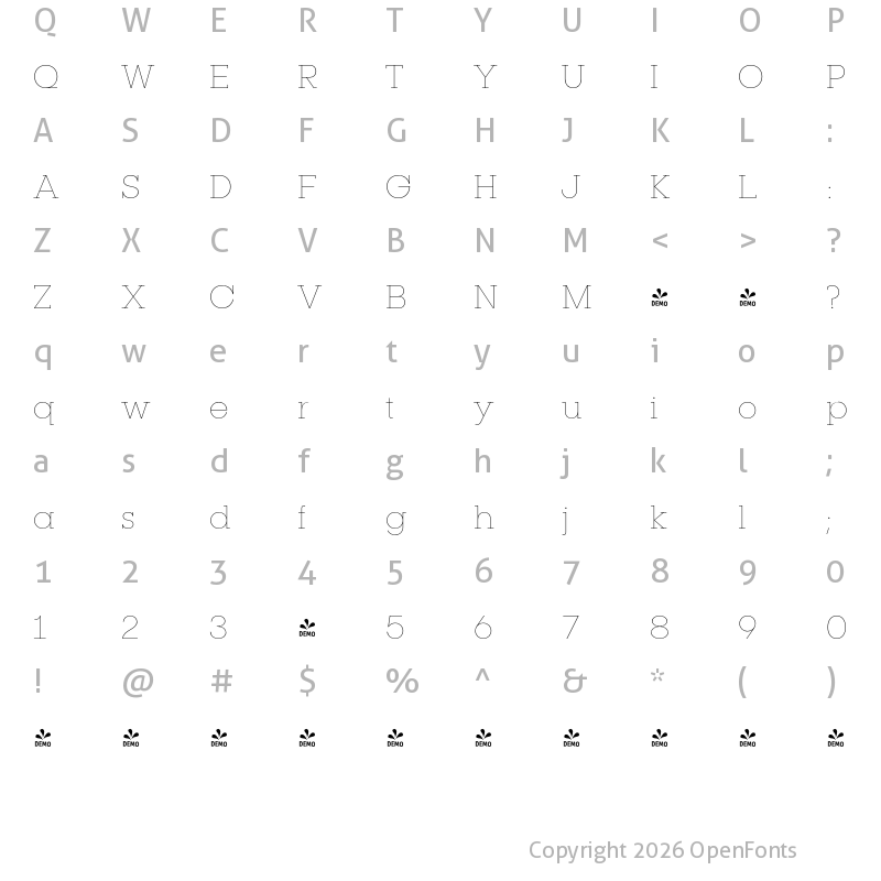 Character Map of FONTSPRING DEMO - Publica Slab ExtraLight Regular