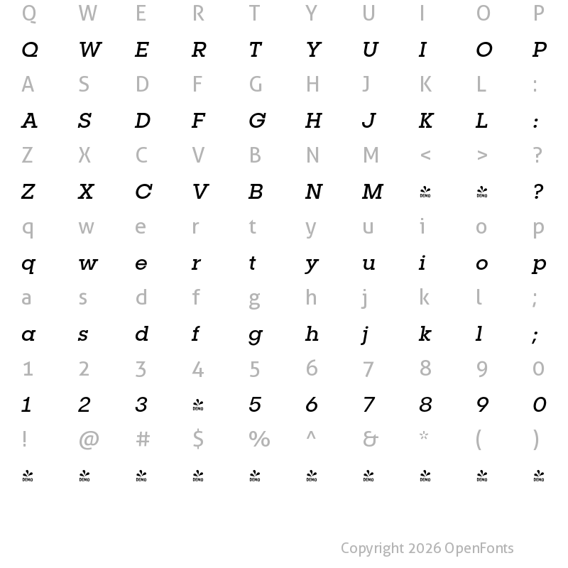 Character Map of FONTSPRING DEMO - Publica Slab Italic Regular