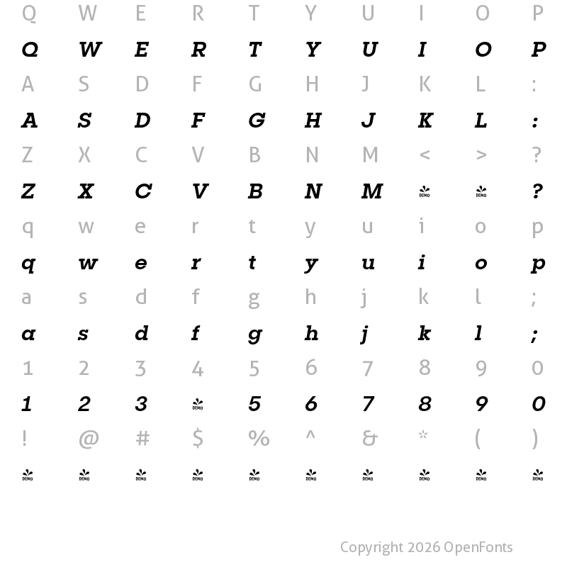 Character Map of FONTSPRING DEMO - Publica Slab Medium Italic Regular