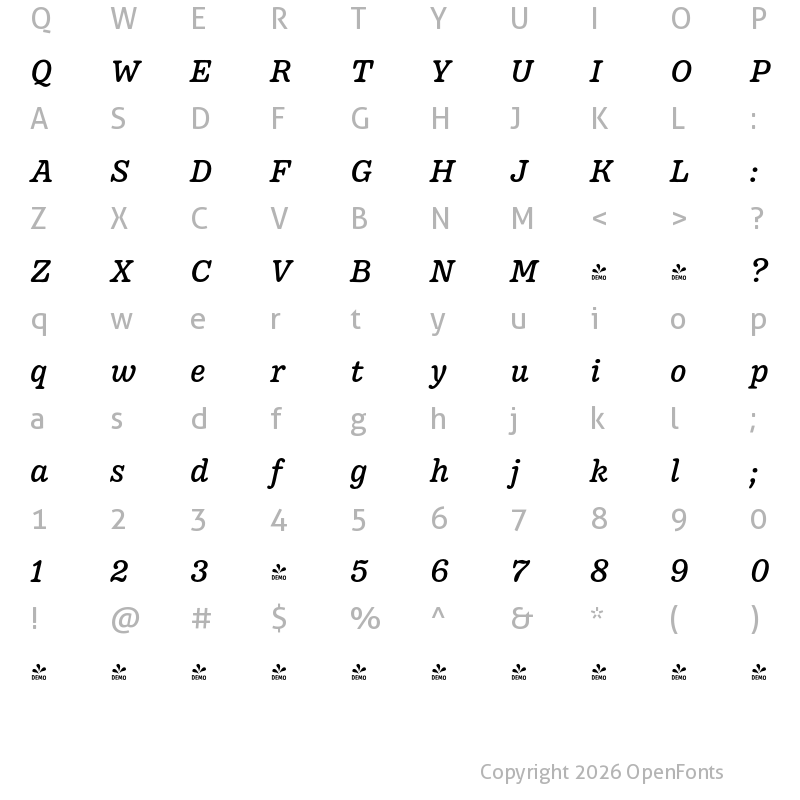 Character Map of FONTSPRING DEMO - Pueblito Book Italic Book