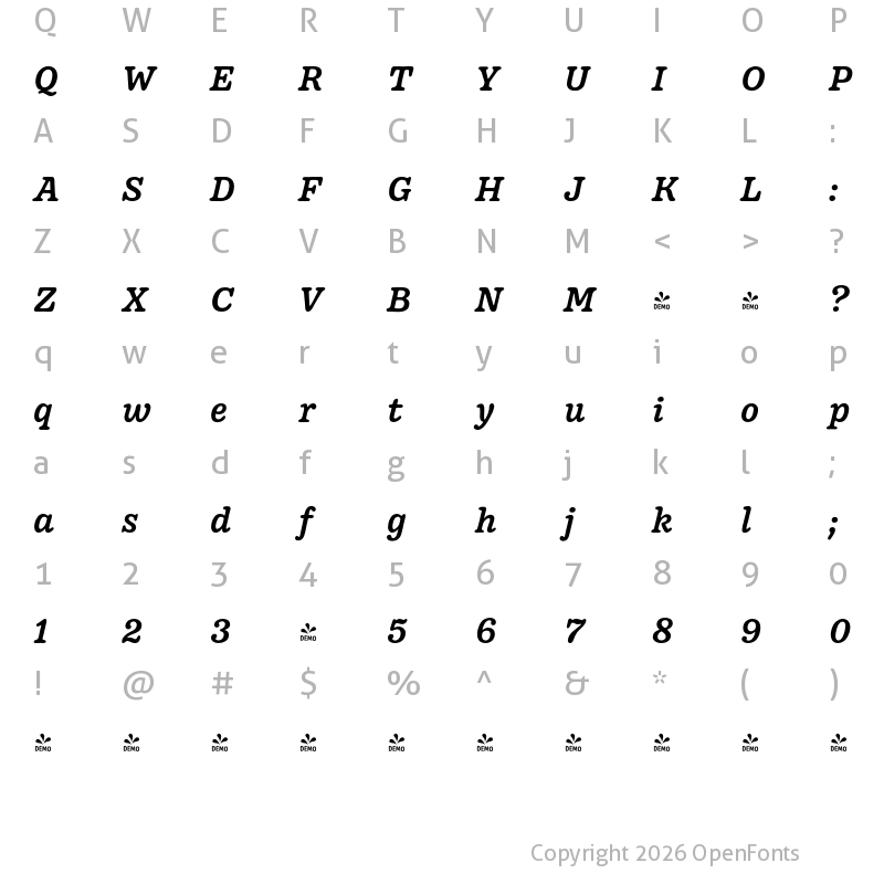 Character Map of FONTSPRING DEMO - Pueblito Medium Italic Medium