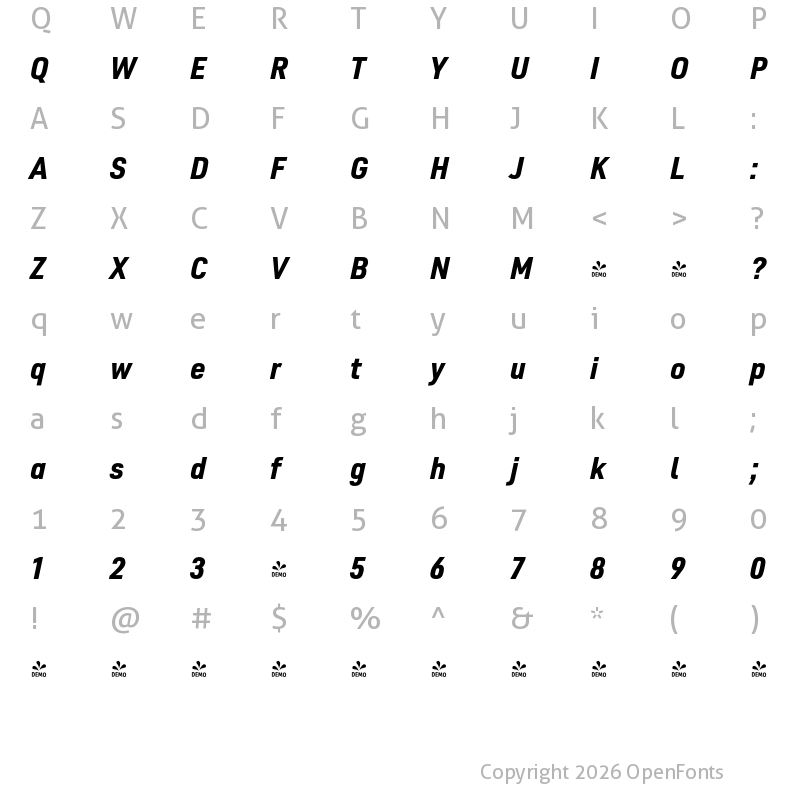 Character Map of FONTSPRING DEMO - Pulse JP Condensed Black Italic