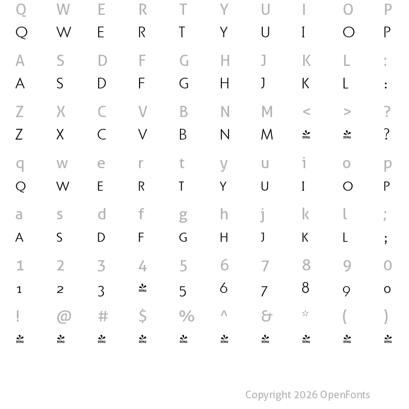 Character Map of FONTSPRING DEMO - PuraLight Caps