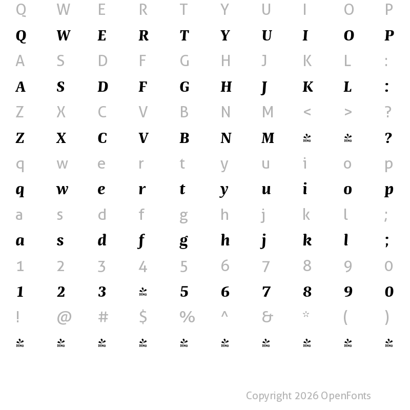 Character Map of FONTSPRING DEMO - Quador Bold Italic