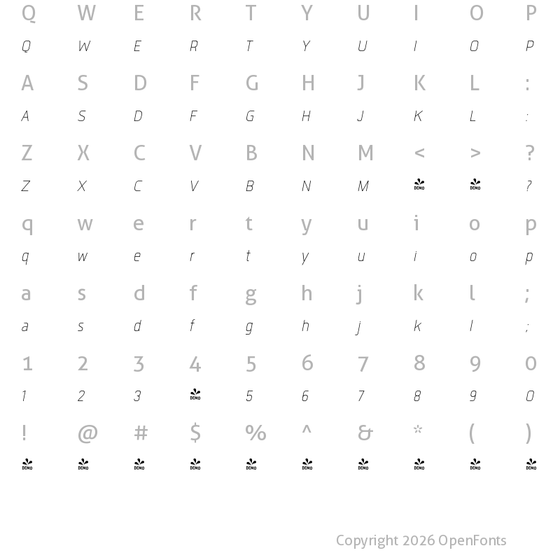 Character Map of FONTSPRING DEMO - Quan Slim ExtLt Italic