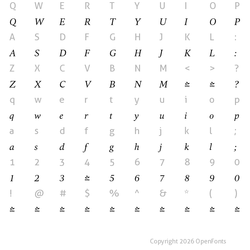 Character Map of FONTSPRING DEMO - QuantText-Italic Regular