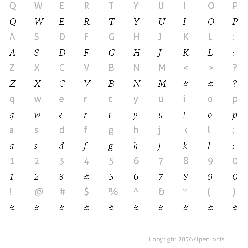Character Map of FONTSPRING DEMO - QuantText-LightItalic Regular