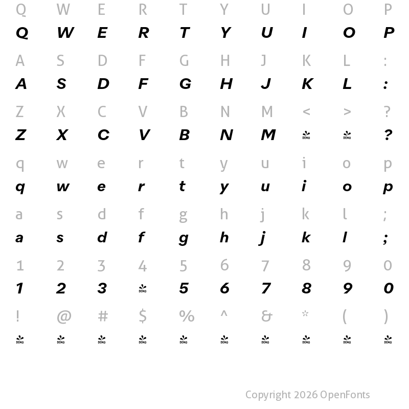 Character Map of FONTSPRING DEMO - Quarion SemiBold Italic