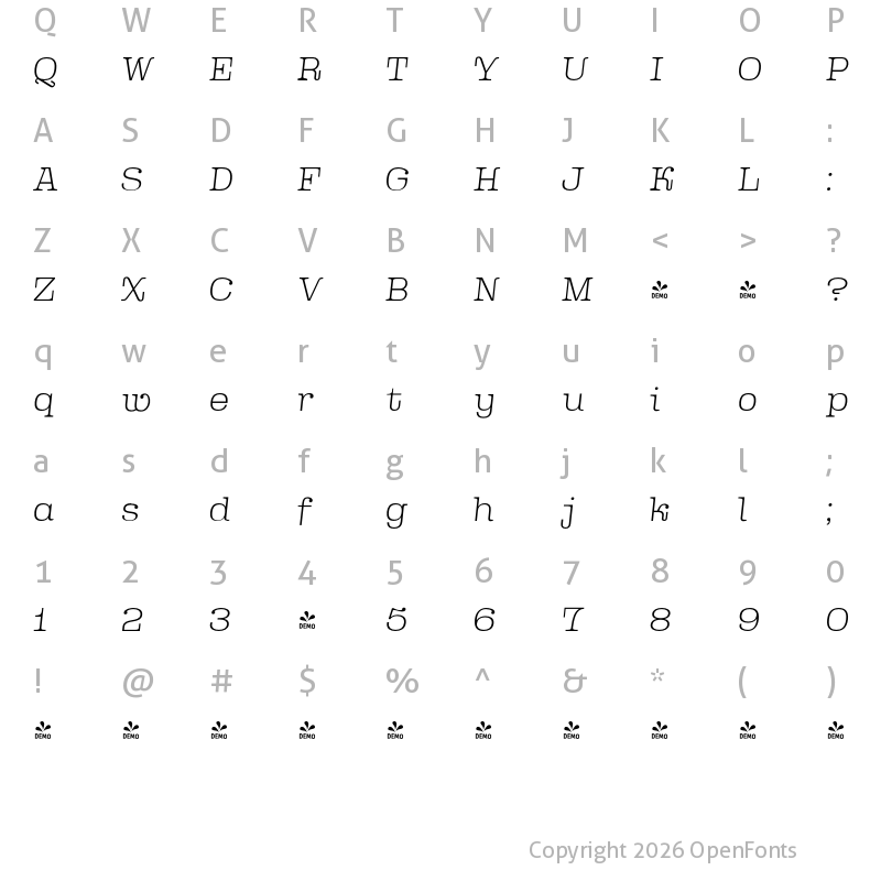 Character Map of FONTSPRING DEMO - Queensberry Thin Italic