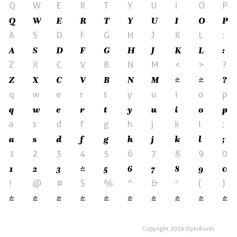 Character Map of FONTSPRING DEMO - Questa Black Italic