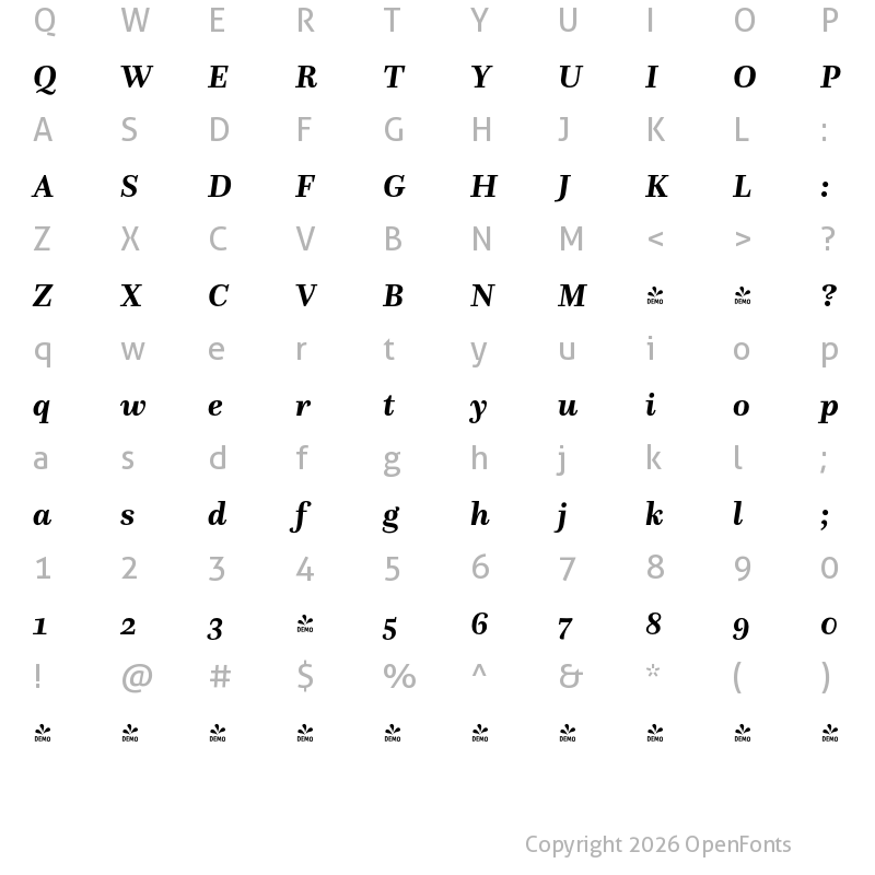 Character Map of FONTSPRING DEMO - Questa Bold Italic