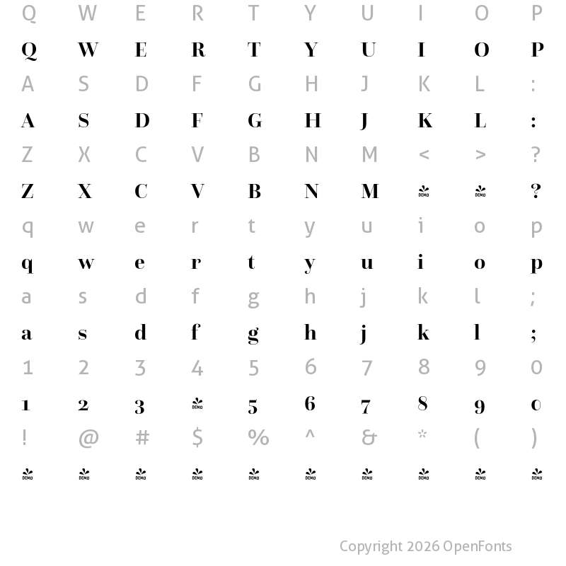 Character Map of FONTSPRING DEMO - Questa Grande Bold