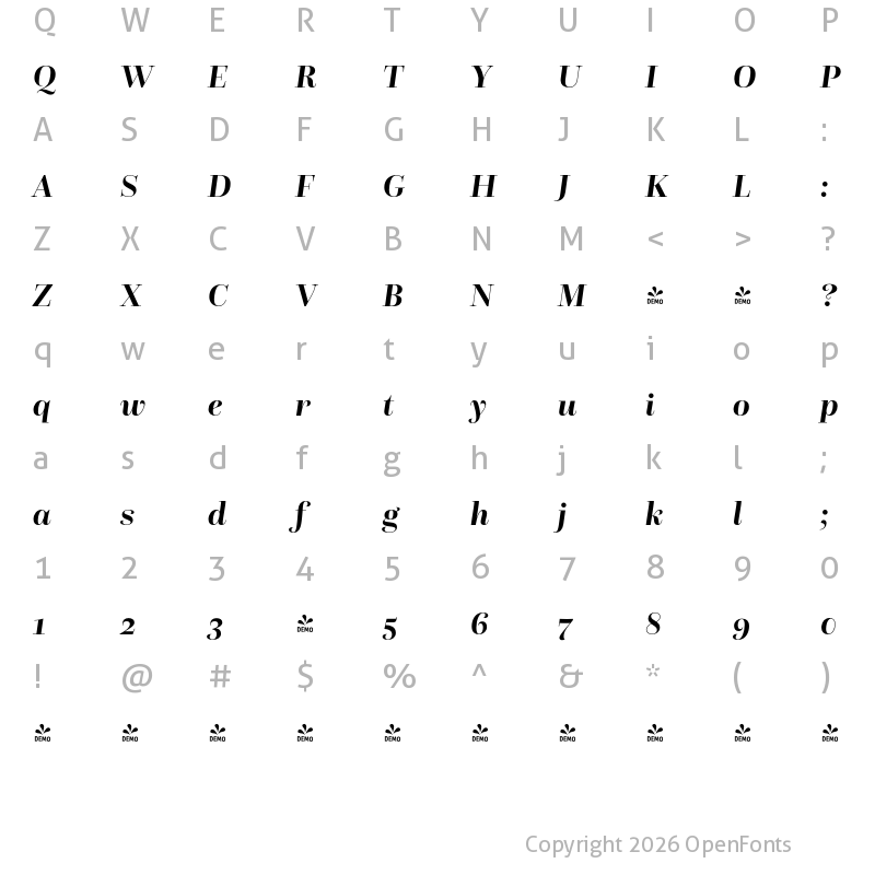 Character Map of FONTSPRING DEMO - Questa Grande Bold Italic