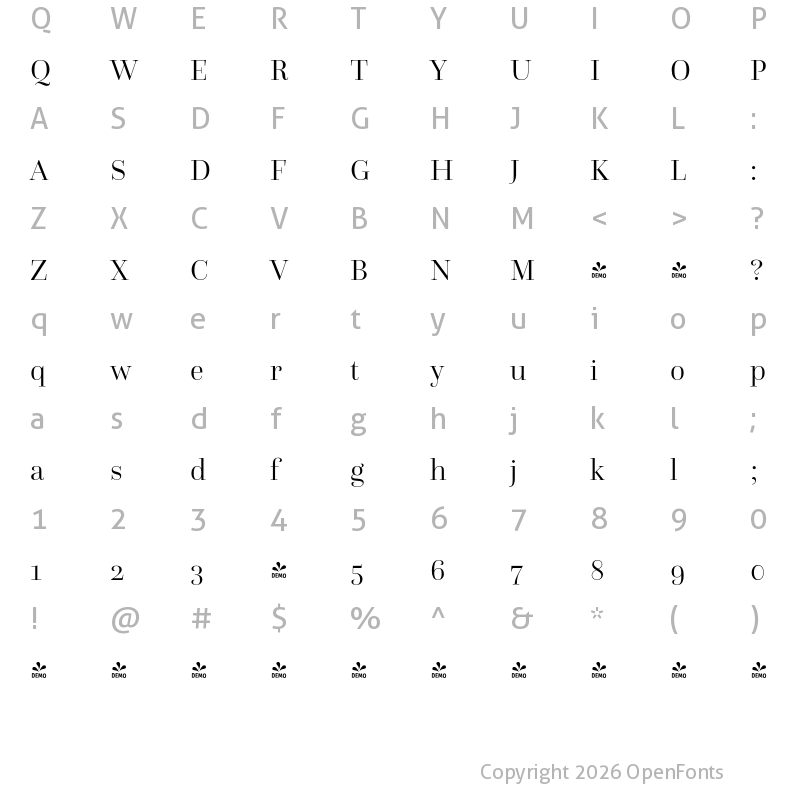 Character Map of FONTSPRING DEMO - Questa Grande Light Regular