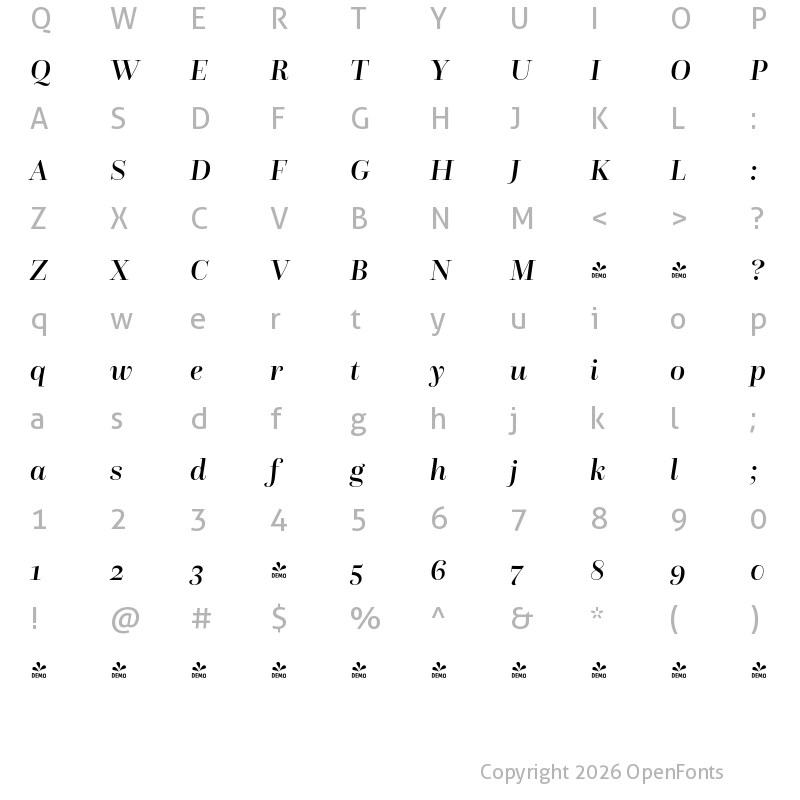 Character Map of FONTSPRING DEMO - Questa Grande Medium Italic