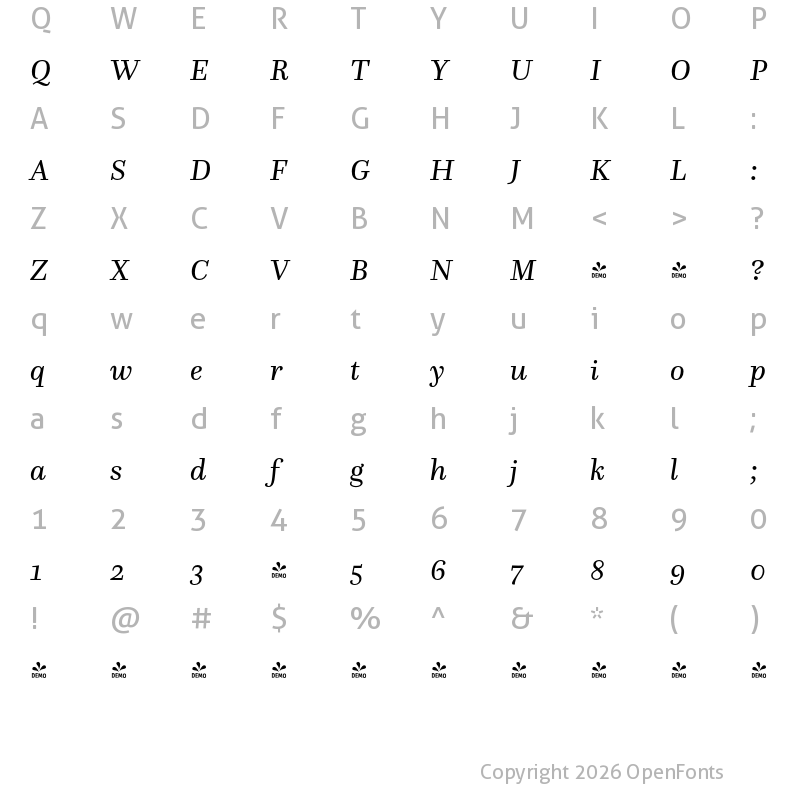 Character Map of FONTSPRING DEMO - Questa Italic