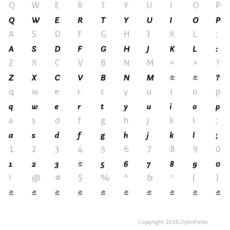 Character Map of FONTSPRING DEMO - Questa Sans Bold Italic