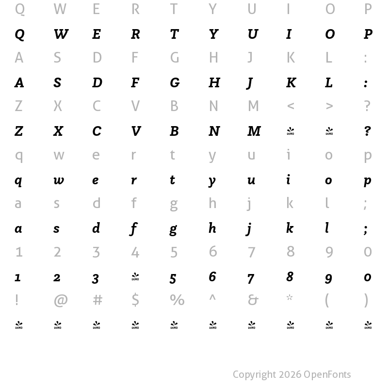 Character Map of FONTSPRING DEMO - Questa Slab Bold Italic