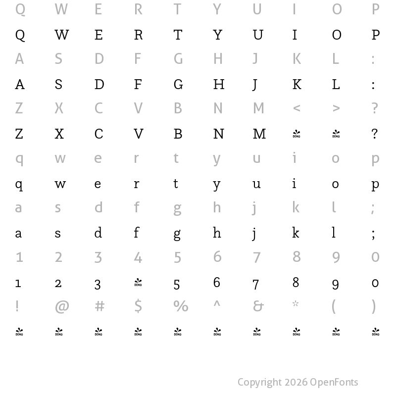 Character Map of FONTSPRING DEMO - Questa Slab Light Regular