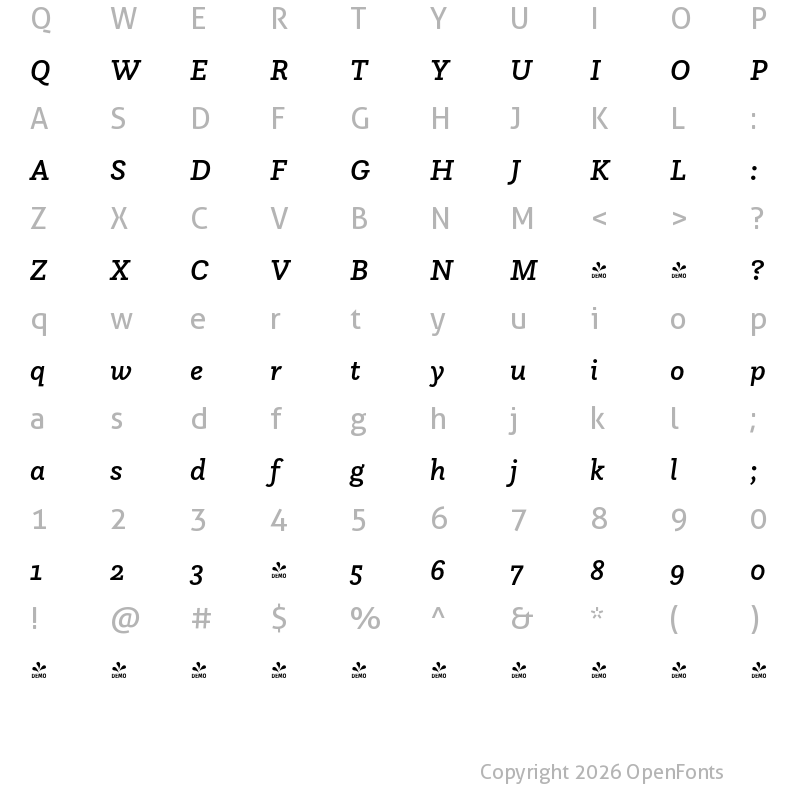Character Map of FONTSPRING DEMO - Questa Slab Medium Italic