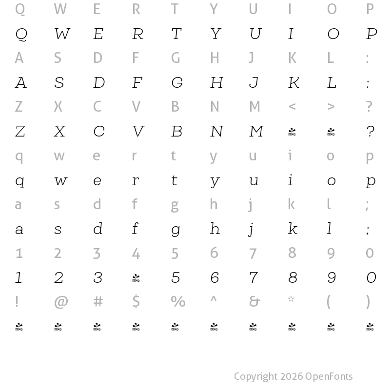 Character Map of FONTSPRING DEMO - Queulat Alt Light Italic Regular