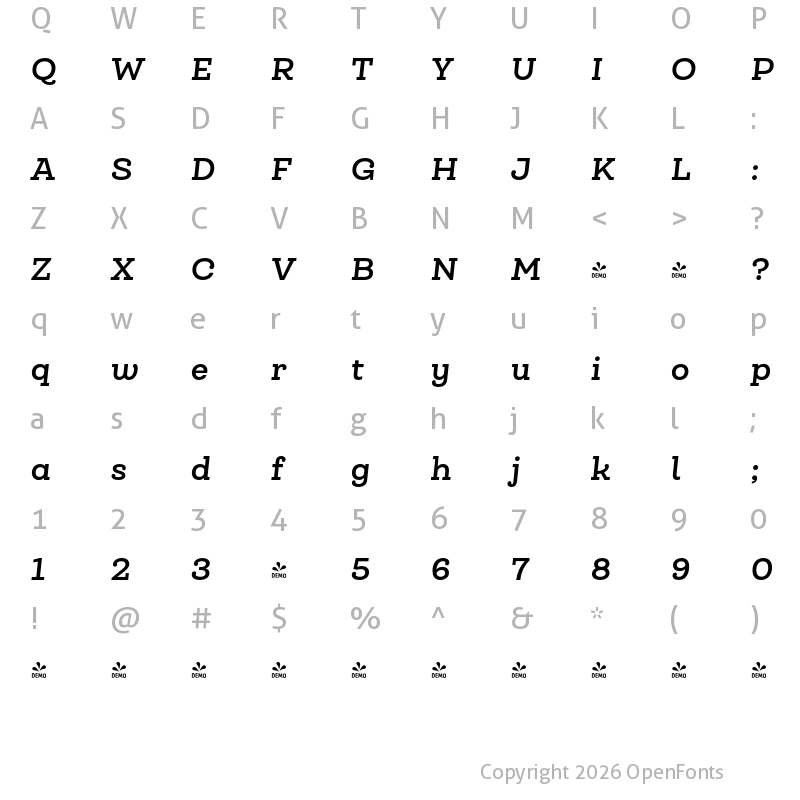 Character Map of FONTSPRING DEMO - Queulat Bold Italic Regular