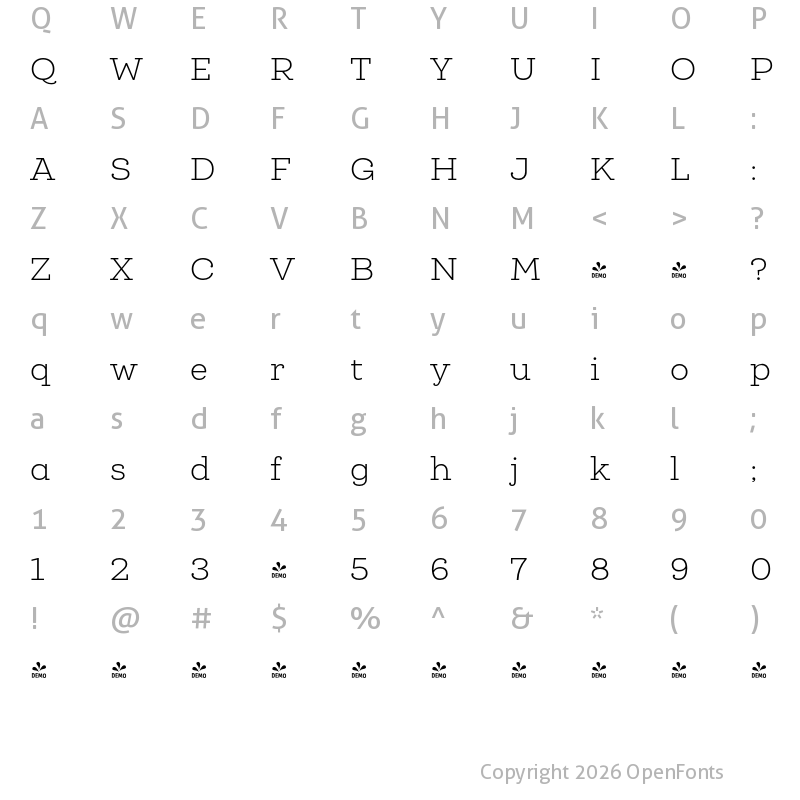 Character Map of FONTSPRING DEMO - Queulat Light Regular