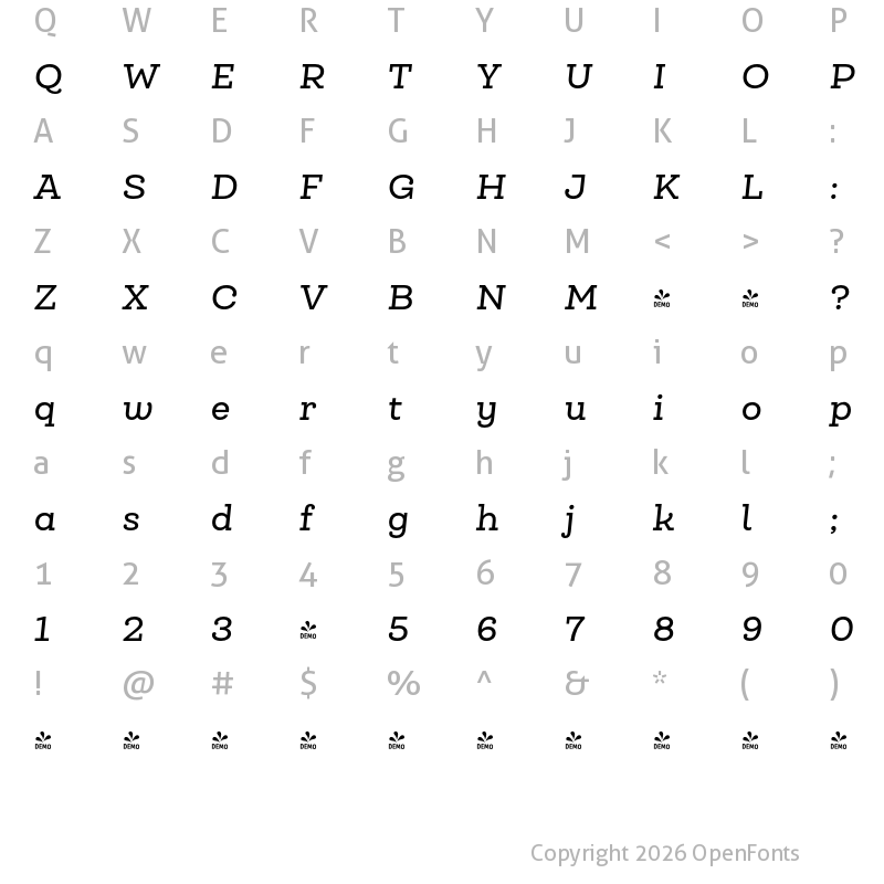 Character Map of FONTSPRING DEMO - Queulat Medium Italic Regular