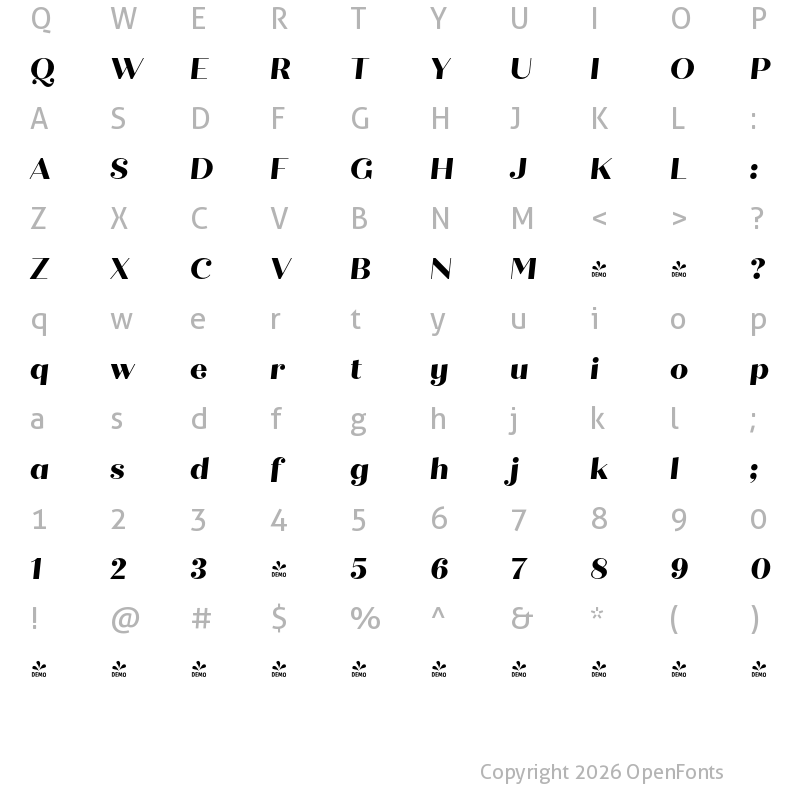 Character Map of FONTSPRING DEMO - Quiche Display ExtraBold Italic